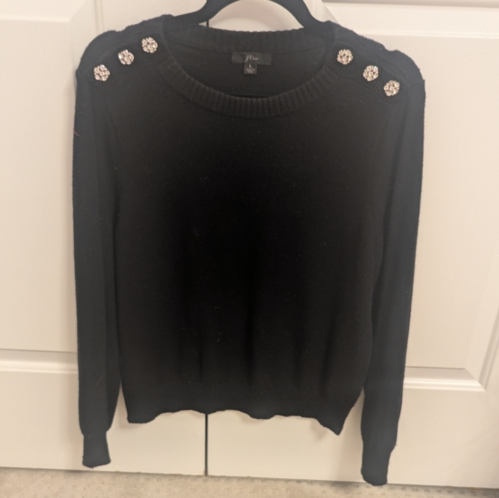 J. Crew Black Sweater with Crystal Buttons On Shoulders
